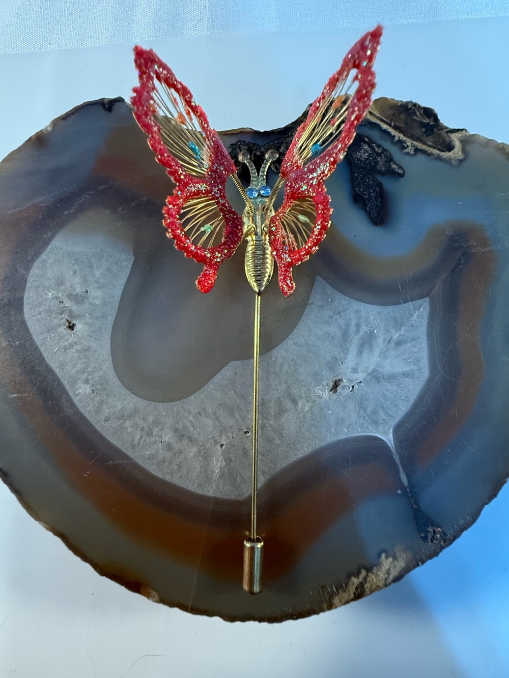 Golden Red Beaded enamel Butterfly Stick Pin Guc 3.5” Long